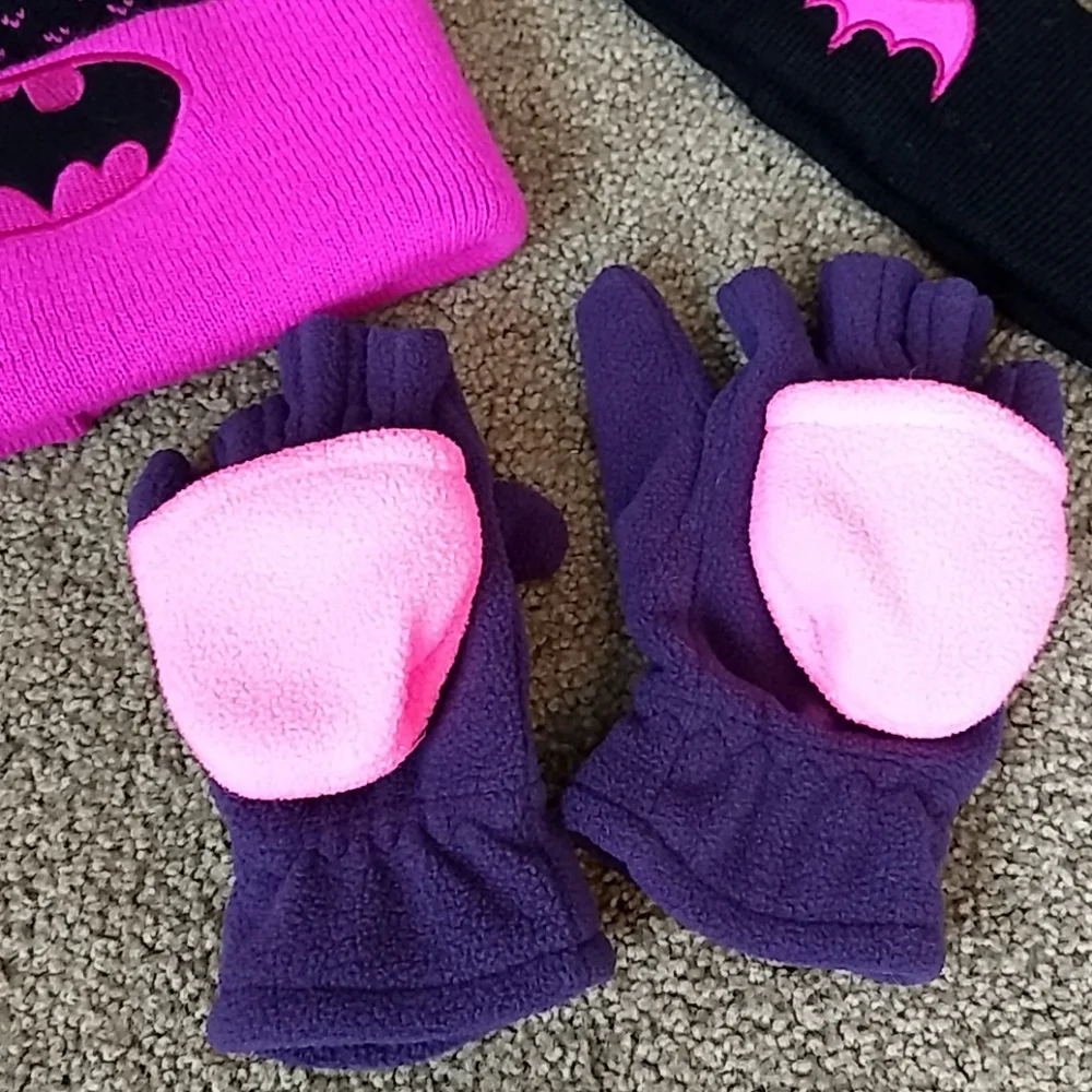 Batman Kids Girls Hat Ear Warmer Glove Bundle Pink Black‎ Winter Warm Snow Puff